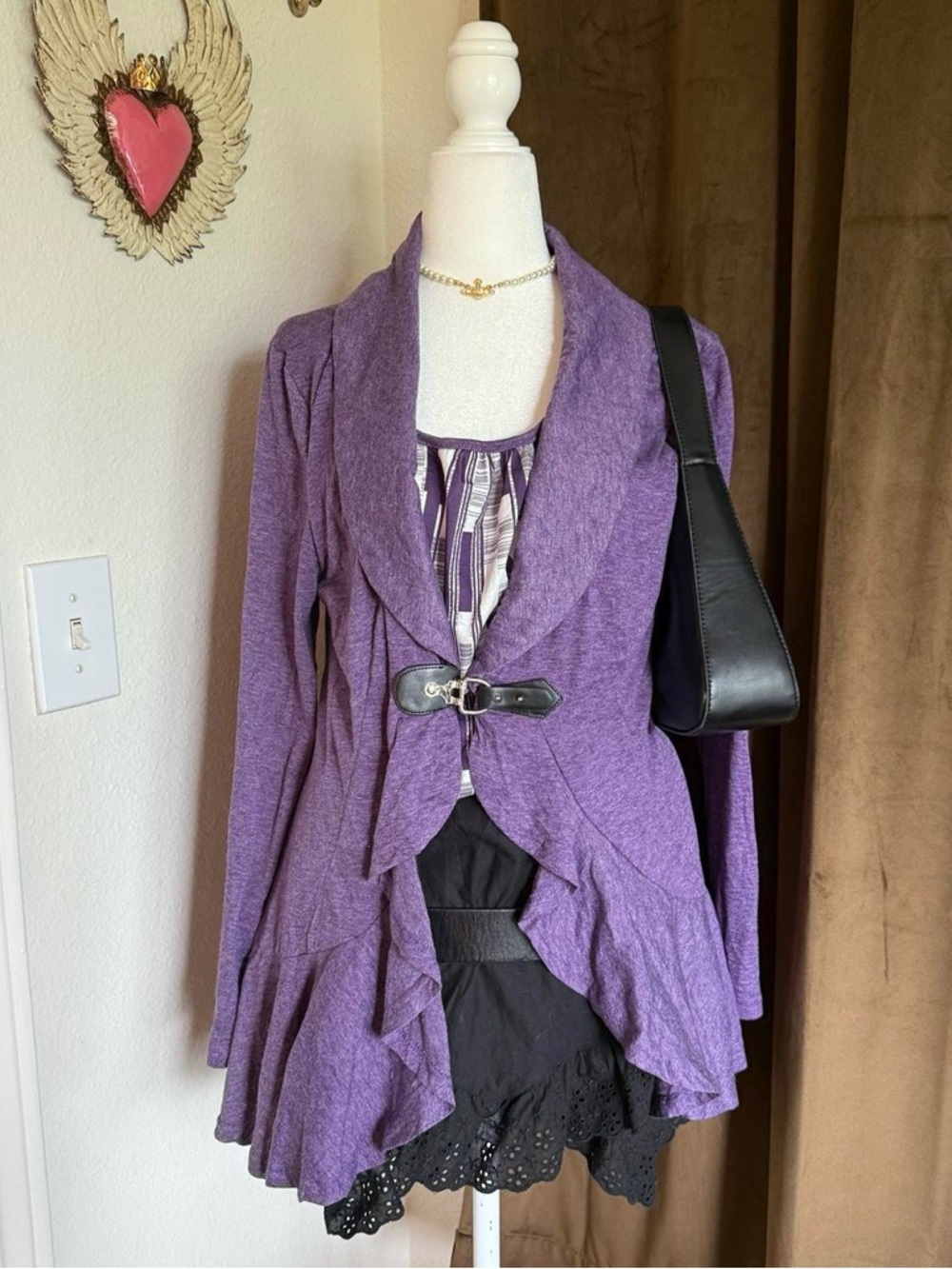 Lavender Purple Ruffle Front Cardigan with Buckle Accent